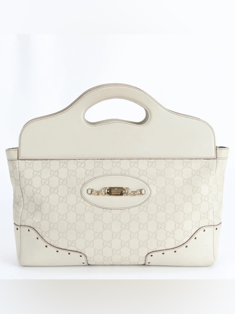 7️⃣9️⃣9️⃣ Gucci Cream GG Monogram Top-Handle Satchel with Gold Hardware